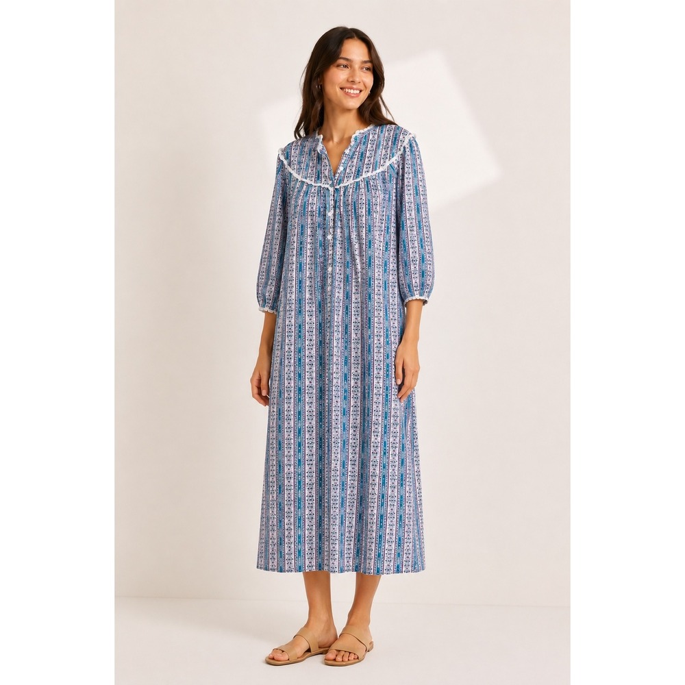 Lanz of Salzburg 100% Cotton Floral Stripe Lace Trim Nightgown Blue 2X